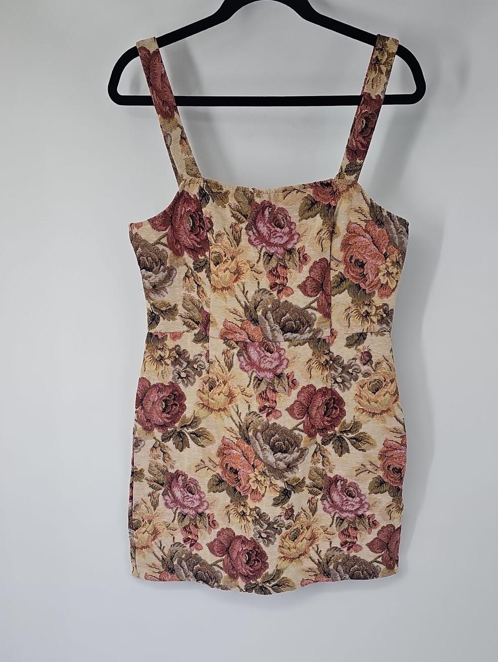 Tan Floral Brocade Sleeveless Dress Jumper Old Money Vintage Vibe Cottagecore